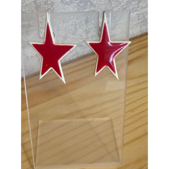 Red Star Shaped Enamel Stud Earrings For Women - Picture 1 of 6